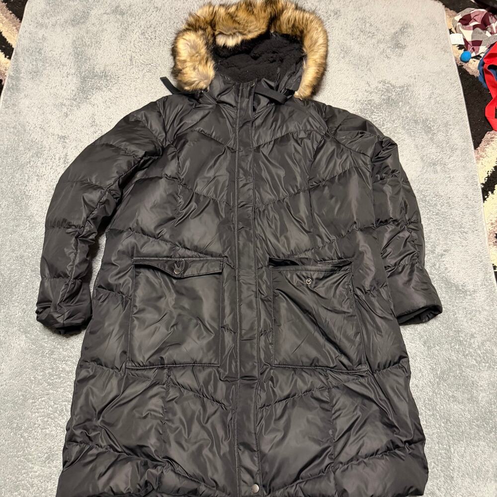 Eddie Bauer Down Puffer Jacket Womens XXL Black Winter Coat Hooded Long Parka